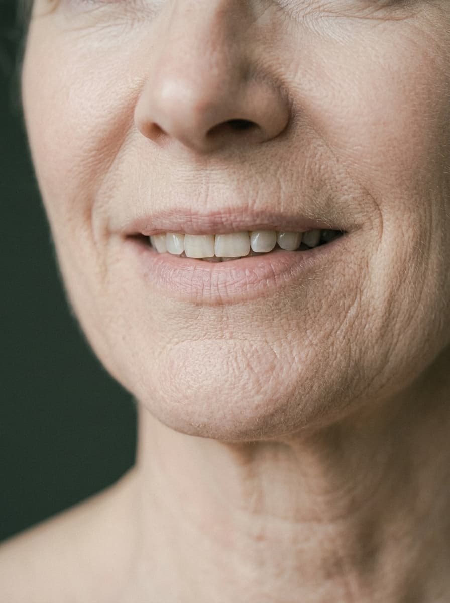 Primer plano de la sonrisa suave de una mujer mayor de piel clara