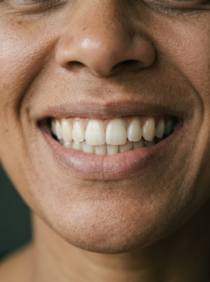 Primer plano de una sonrisa amplia con los dientes superiores parejos