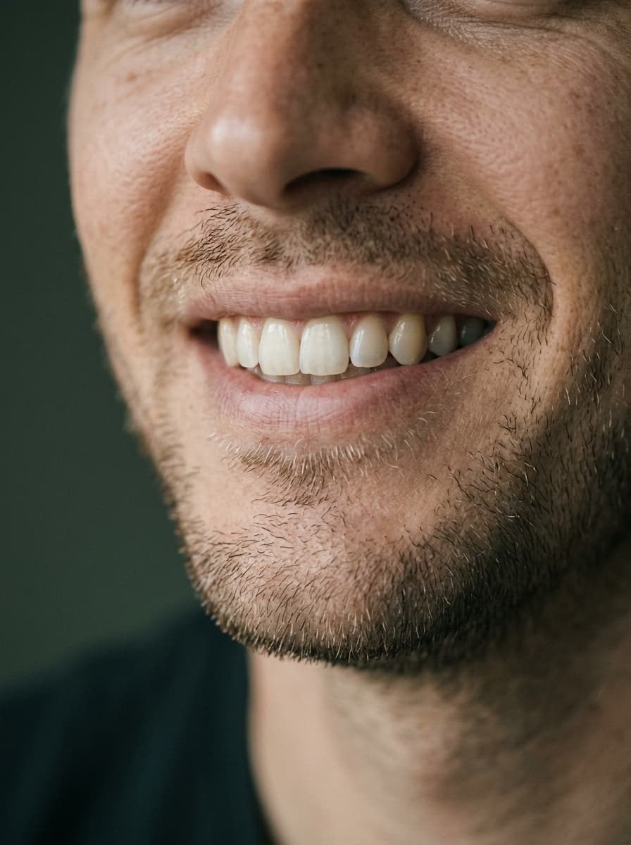 Primer plano de la sonrisa de un hombre con barba corta