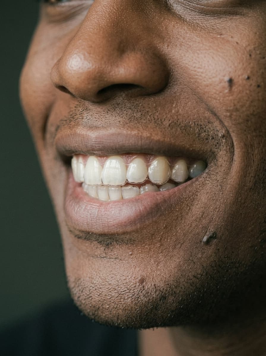 Primer plano de la sonrisa de un hombre de piel oscura, de tres cuartos de perfil